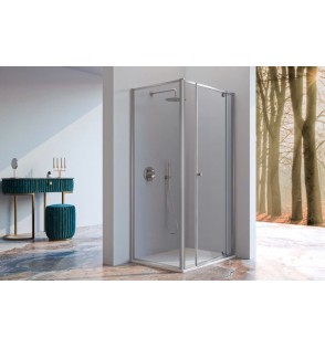 Pivot: Mampara Ducha Angular (1 fijo + 1 pivotante + lateral fijo) plata brillo o negro
