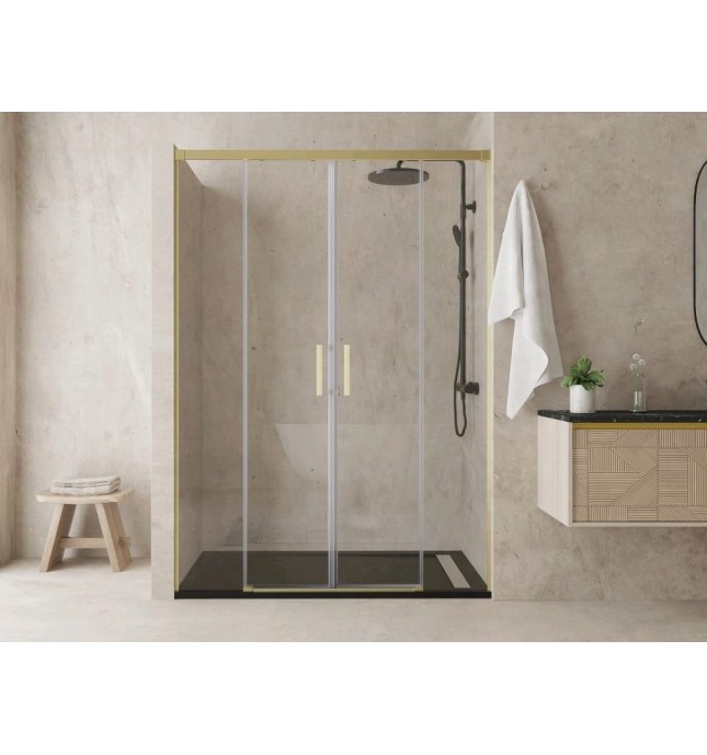 Treban: Mampara Ducha Frontal 2 Fijos + 2 Correderas Oro Cepillado